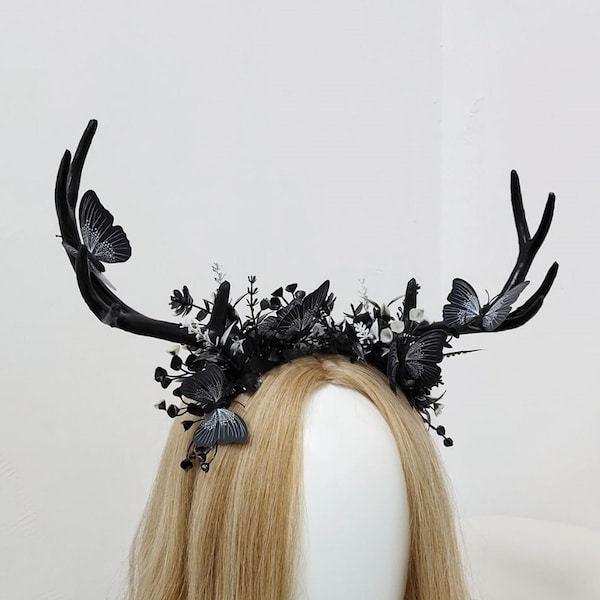 Fairy Crown, Black Antlers Headband Tiaras,  hair accessories, Elven Headpiece, Woodland Fairy Diadem, Flower Crown with butterfly