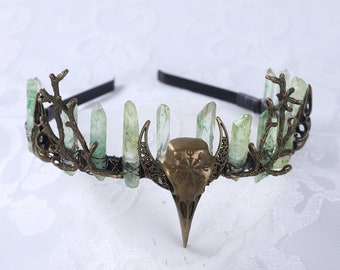 Witch Crow Crystal Moon Vintage Crown,Fairy Headband,Tiara Natural Green Bronze Healing Wedding Bridal Wiccan Headpiece Elf Elven Gift