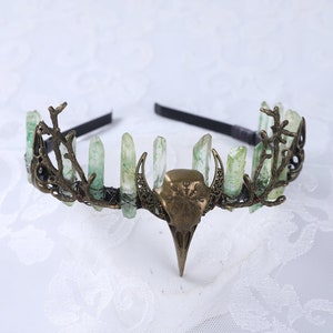 Witch Crow Crystal Moon Vintage Crown,Fairy Headband,Tiara Natural Green Bronze Healing Wedding Bridal Wiccan Headpiece Elf Elven Gift