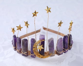 Corona di luna di cristallo, fascia viola fata per lei, diadema nuziale stella blu naturale curativo copricapo da sposa in argento, regalo per la moglie