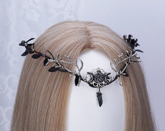 Corona elfica del bosco, diadema elfico, diadema del bosco con ramo di foglia di luna nera, corona di fata, costume cosplay, copricapo elfico, corona nuziale