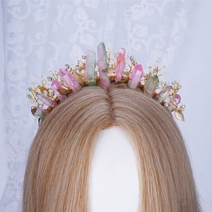 Color Crystal Crown, Fairy Crown Crown for Women Bridal Tiara Halo Headpiece Boho Wedding Crown, Birthday Gift Headband Pink Crystal Crown