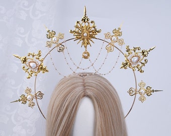 Lolita Halo Crown For Women Gold Glitter Crown Diadem Anniversary Wedding Tassel Halo Crown Princess Queen Gold Floral Wedding Halo Headband