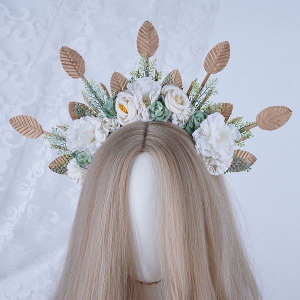 Flower Gold Leaf Halo Crown, Wedding Bridal Halo Head Band, Princess Queen Headpiece, Boho Floral Tiara, Handmade Headband, Fancy Head Dress