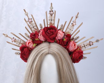 Couronne de halo or floral rose rouge, bandeau de mariage bohème, diadème de mariée rayon de soleil, casque de halo à pointes, couronne de fleurs adulte, robe de tête à pointes