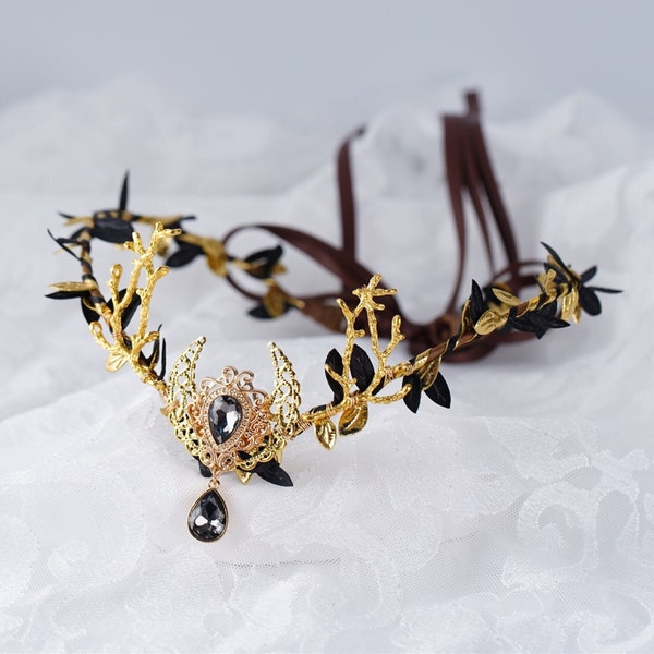 Gold Elven Wedding Crown, Moon Crown, Fairy Crown,  Elf Elven Gift, Woodland Headpiece, Floral Bridal Tiara, Elven Headband, Witch Headdress