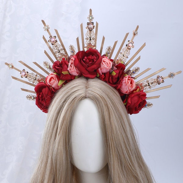 Roze rode bloemen gouden Halo kroon, Boho bruiloft hoofdband, Sun Ray bruids tiara, puntige halo zendspoel, bloemkroon volwassene, puntige hoofdjurk