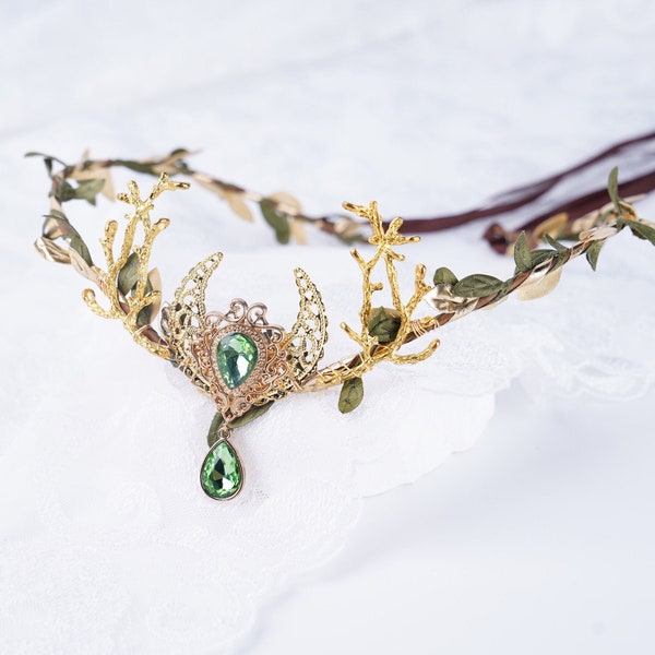 Elven Wedding Crown, Gold Moon Branch Crown, Fairy Crown, Elf Elven Gift, Woodland Headpiece,Floral Bridal Tiara,Elven Circlet,Witch Costume