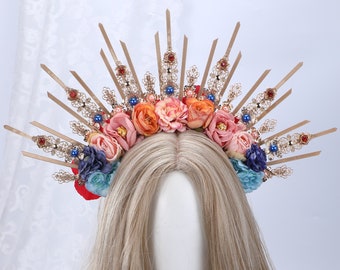 Corona de halo floral de oro, diadema de boda boho, tiara nupcial de rayos de sol, tocado de halo con púas, corona de flores de color adulto, vestido de cabeza con púas