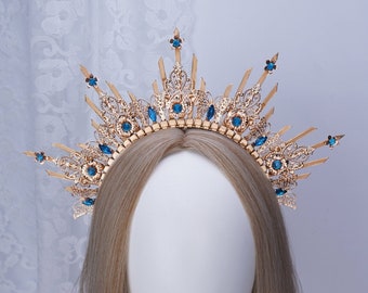Halo Crown, Gold Halo Headpiece with Blue Crystal, Queen Headpiece with Butterfly, Bridal Halo Headband, Boho Wedding Crown, Goddess Crown