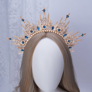 Halo Crown, Gold Halo Headpiece with Blue Crystal, Queen Headpiece with Butterfly, Bridal Halo Headband, Boho Wedding Crown, Goddess Crown image 1