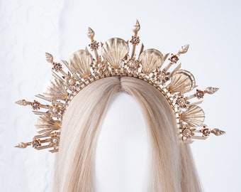 Shell Pearl Halo Crown Gold, Crown For Women, Zip Tie Jewelry, Gold Glitter Crown, Wedding Halo Crown,Elven Wedding Headpiece,Gold Headband