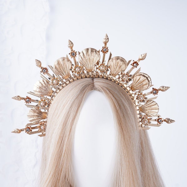 Shell Pearl Halo Crown Gold, Crown For Women, Zip Tie Jewelry, Gold Glitter Crown, Wedding Halo Crown,Elven Wedding Headpiece,Gold Headband