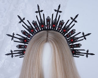 Demon Sword Black Crown, Red Diamond Halo Crown Black Glitter Tiara For Women Gothic Zip Tie Crown Maleficent Witch Headpiece