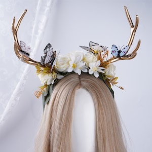 Fairy Butterfly Horn Flower Crown Gold Antler Headband Floral Wedding Tiara Bridal Flower Crown Hair Accessory Elven Woodland Elf Headpiece