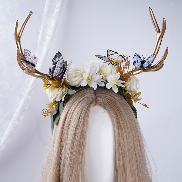 Fairy Butterfly Horn Flower Crown Gold Antler Headband Floral Wedding Tiara Bridal Flower Crown Hair Accessory Elven Woodland Elf Headpiece