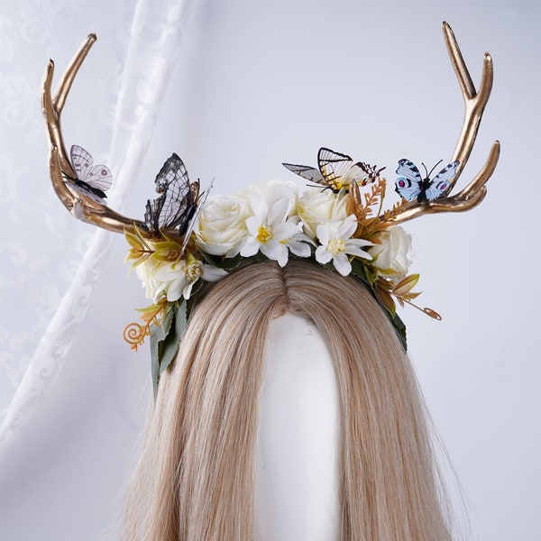 Fee Schmetterling Horn Blumenkrone Gold Geweih Stirnband Blumen Hochzeit Tiara Braut Blumenkrone Haarschmuck Elfen Waldelfen Kopfschmuck