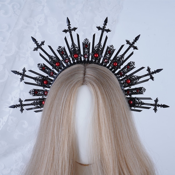 Dämonenschwert, schwarze Krone, rote Diamant-Halo-Krone, schwarze Glitzer-Tiara für Frauen, Gothic-Krone mit Reißverschluss, bösartige Hexen-Kopfbedeckung