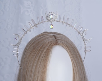 Silver Moon Halo Crown, Crystal Tiaras, Best Girl Gift, Wedding Bridal Headpiece, Halo Headband, Halo Headlights, Celtic Queen Crown