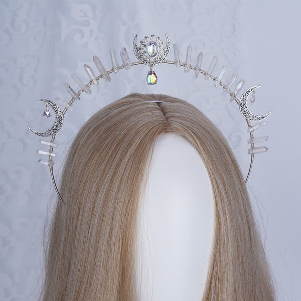 Couronne halo lune argentée, diadèmes en cristal, meilleur cadeau pour fille, casque de mariée mariage, bandeau halo, phares halo, couronne de la reine celtique