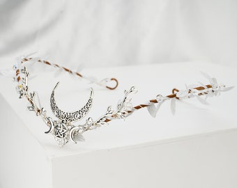 Moon Elven Crown, Silver Gold Elf Tiara, White Leaf Woodland Tiara, Fairy Headband, Witch Fantasy Elvish Headpiece, Wedding Bridal Crown