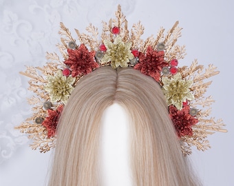 Gold rote große Blume Halo Krone, Braut Haarschmuck, romantisches Blumen Halo Haarband, Hochzeit Tiara, Festival Kopfschmuck