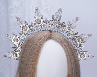 Silver Halo Crown, Wedding Bridal Tiara, Queen Princess Headband with Diamond, Sun Ray Shiny Crown, Photo Shoot Headpiece,Wedding Hair Crown