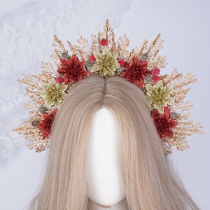 Gold Red Large Flower Halo Crown, Bridal Spiked Headpiece, Romantic Floral Halo Headband, Wedding Tiara, Festival Head Dress