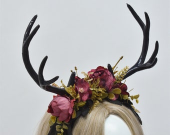 Fairy Horn Crown, Black Antler Headband, Elven Wedding Crown Floral Tiara Bridal Flower Crown Hair Accessories Elven Woodland Elf Headpiece