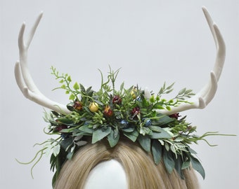 Fairy Woodland Elf Leaf Antler Crown, Green Wood White Horn Headband, Floral Wedding Tiara Bridal Flower Crown Elven Elf Gift Headpiece