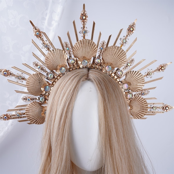 Couronne de halo de perles de coquillages en or pour femme, Bijoux de cravate, Couronne de halo de mariage de paillettes d'or, Couronne d'anniversaire de fée pour casque de plage