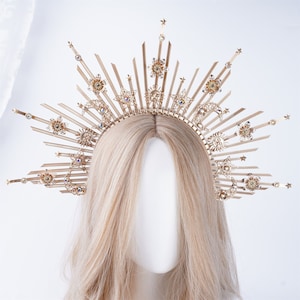 Moon Star Halo Crown Gold Glitter Crown Headdress Gold Queen Headpiece Zip Tie Jewelry Bridal Halo Crown Wedding Headband Goddess Head Band image 1