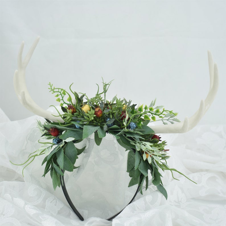 Fairy Woodland Elf Leaf Antler Crown, Green Wood White Horn Headband, Floral Wedding Tiara Bridal Flower Crown Elven Elf Gift Headpiece image 2