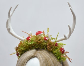 Woodland Mushroom Antler Fairy Headpiece Flower Girl Crown Elven Wedding Crown For Women Elf Elven Headband Floral Bridal Elvish Horn Tiara