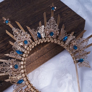 Halo Crown, Gold Halo Headpiece with Blue Crystal, Queen Headpiece with Butterfly, Bridal Halo Headband, Boho Wedding Crown, Goddess Crown image 8