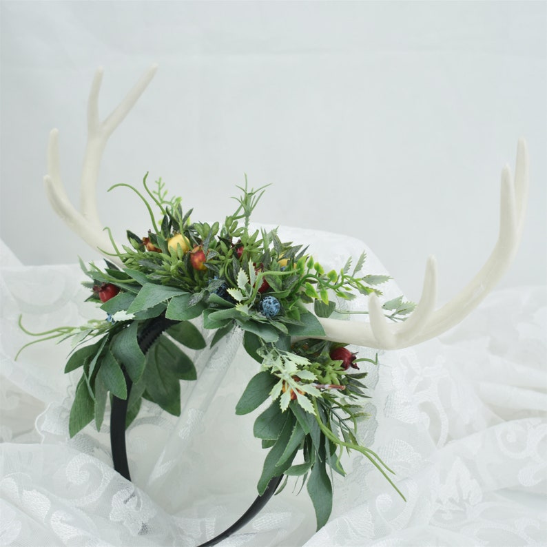 Fairy Woodland Elf Leaf Antler Crown, Green Wood White Horn Headband, Floral Wedding Tiara Bridal Flower Crown Elven Elf Gift Headpiece image 5