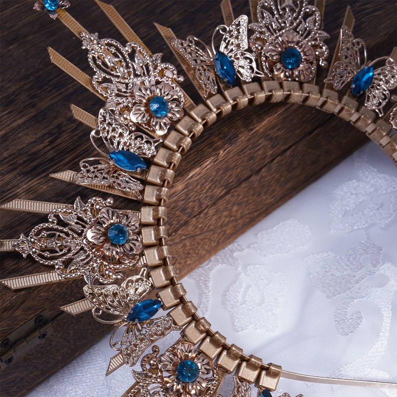 Halo Crown, Gold Halo Headpiece with Blue Crystal, Queen Headpiece with Butterfly, Bridal Halo Headband, Boho Wedding Crown, Goddess Crown image 7