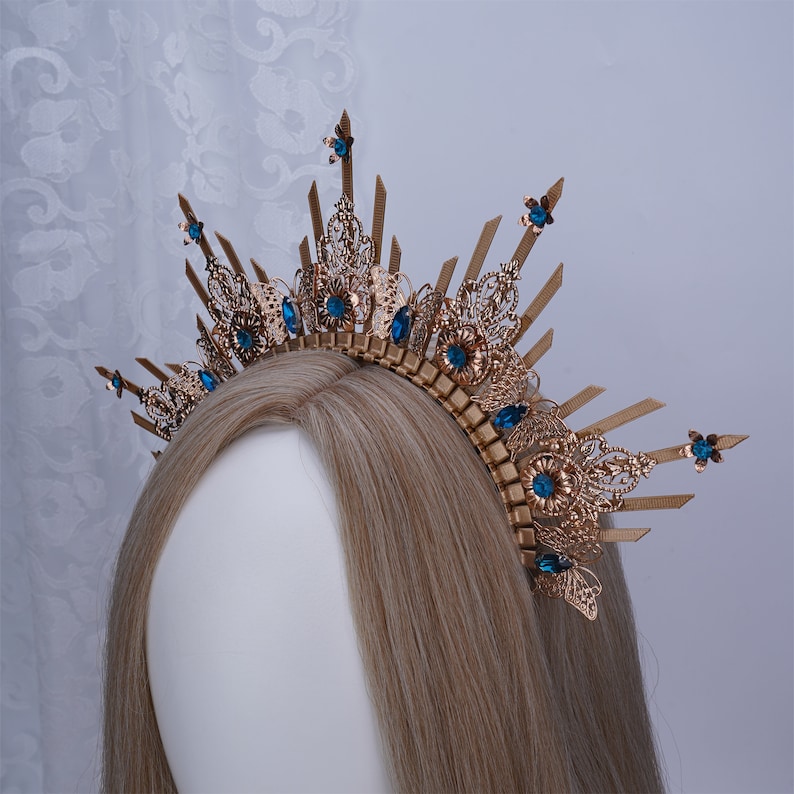 Halo Crown, Gold Halo Headpiece with Blue Crystal, Queen Headpiece with Butterfly, Bridal Halo Headband, Boho Wedding Crown, Goddess Crown image 5