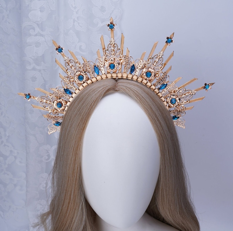 Halo Crown, Gold Halo Headpiece with Blue Crystal, Queen Headpiece with Butterfly, Bridal Halo Headband, Boho Wedding Crown, Goddess Crown image 1