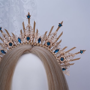 Halo Crown, Gold Halo Headpiece with Blue Crystal, Queen Headpiece with Butterfly, Bridal Halo Headband, Boho Wedding Crown, Goddess Crown image 4