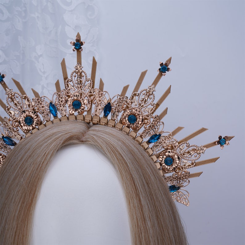 Halo Crown, Gold Halo Headpiece with Blue Crystal, Queen Headpiece with Butterfly, Bridal Halo Headband, Boho Wedding Crown, Goddess Crown image 4