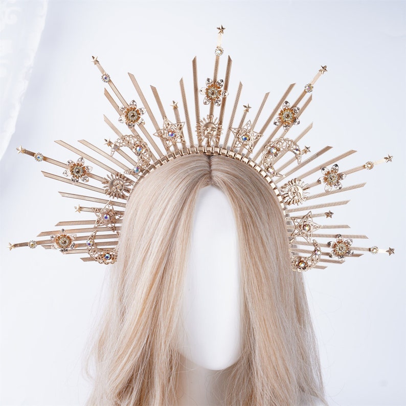 Moon Star Halo Crown Gold Glitter Crown Headdress Gold Queen Headpiece Zip Tie Jewelry Bridal Halo Crown Wedding Headband Goddess Head Band image 1