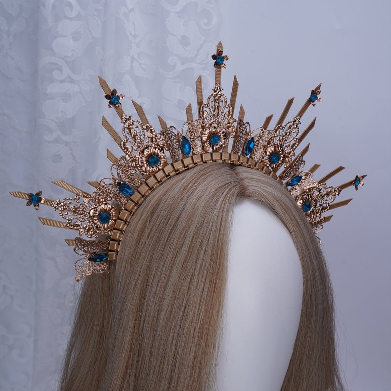 Halo Crown, Gold Halo Headpiece with Blue Crystal, Queen Headpiece with Butterfly, Bridal Halo Headband, Boho Wedding Crown, Goddess Crown image 3