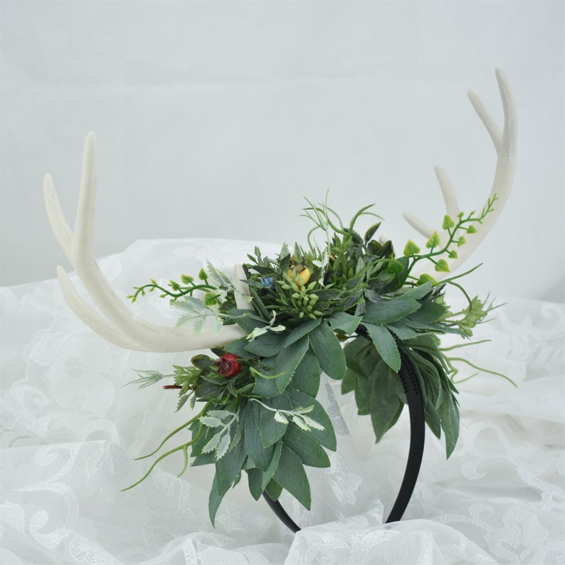 Fairy Woodland Elf Leaf Antler Crown, Green Wood White Horn Headband, Floral Wedding Tiara Bridal Flower Crown Elven Elf Gift Headpiece image 6