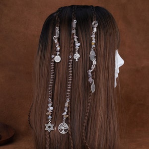 Silver Hair Accessories with Runes, Hair Twist Charm Crystal Stone, Tree of Life Girl Hair Jewelry, Viking Hippie Handmade Hair Spiral image 3