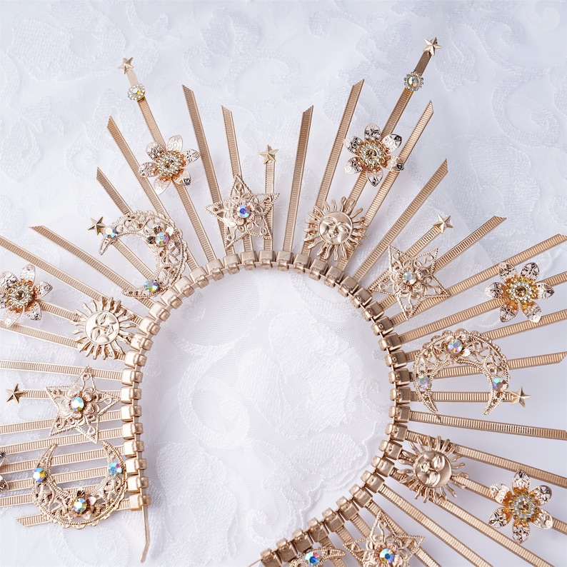 Moon Star Halo Crown Gold Glitter Crown Headdress Gold Queen Headpiece Zip Tie Jewelry Bridal Halo Crown Wedding Headband Goddess Head Band image 4