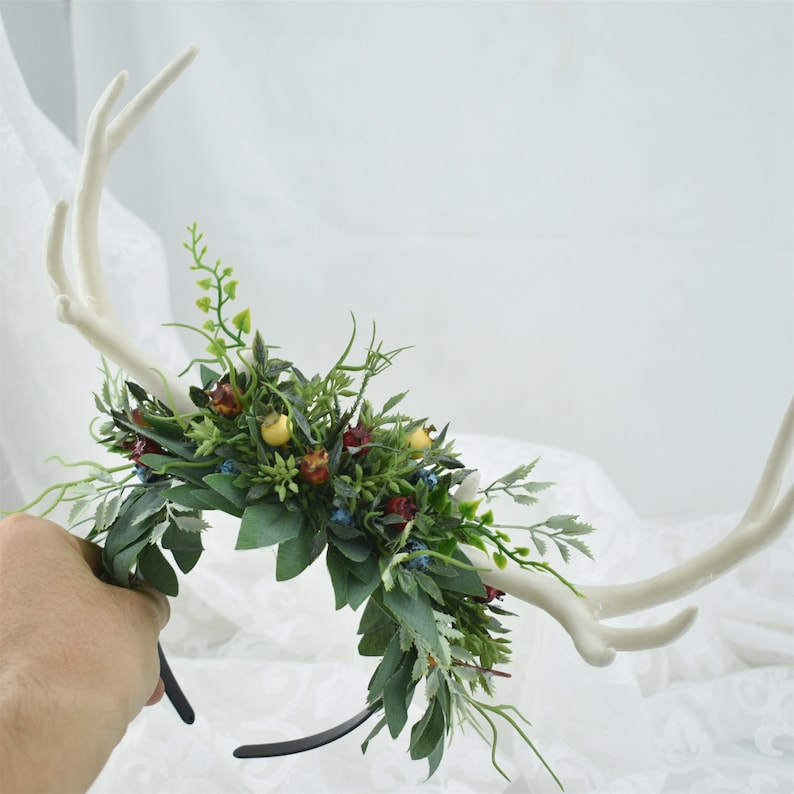Fairy Woodland Elf Leaf Antler Crown, Green Wood White Horn Headband, Floral Wedding Tiara Bridal Flower Crown Elven Elf Gift Headpiece image 4