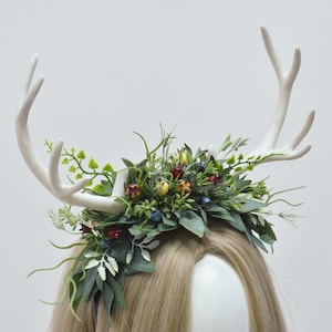 Fairy Woodland Elf Leaf Antler Crown, Green Wood White Horn Headband, Floral Wedding Tiara Bridal Flower Crown Elven Elf Gift Headpiece image 3