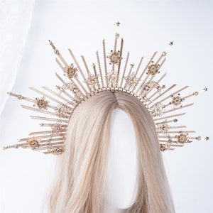 Moon Star Halo Crown Gold Glitter Crown Headdress Gold Queen Headpiece Zip Tie Jewelry Bridal Halo Crown Wedding Headband Goddess Head Band image 7