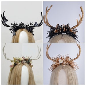 Crown With Horns, Fairy Antlers Headband Tiara, Custom Personalized, Elven Headpiece, Elven Wedding Crown, Flower Floral Crown